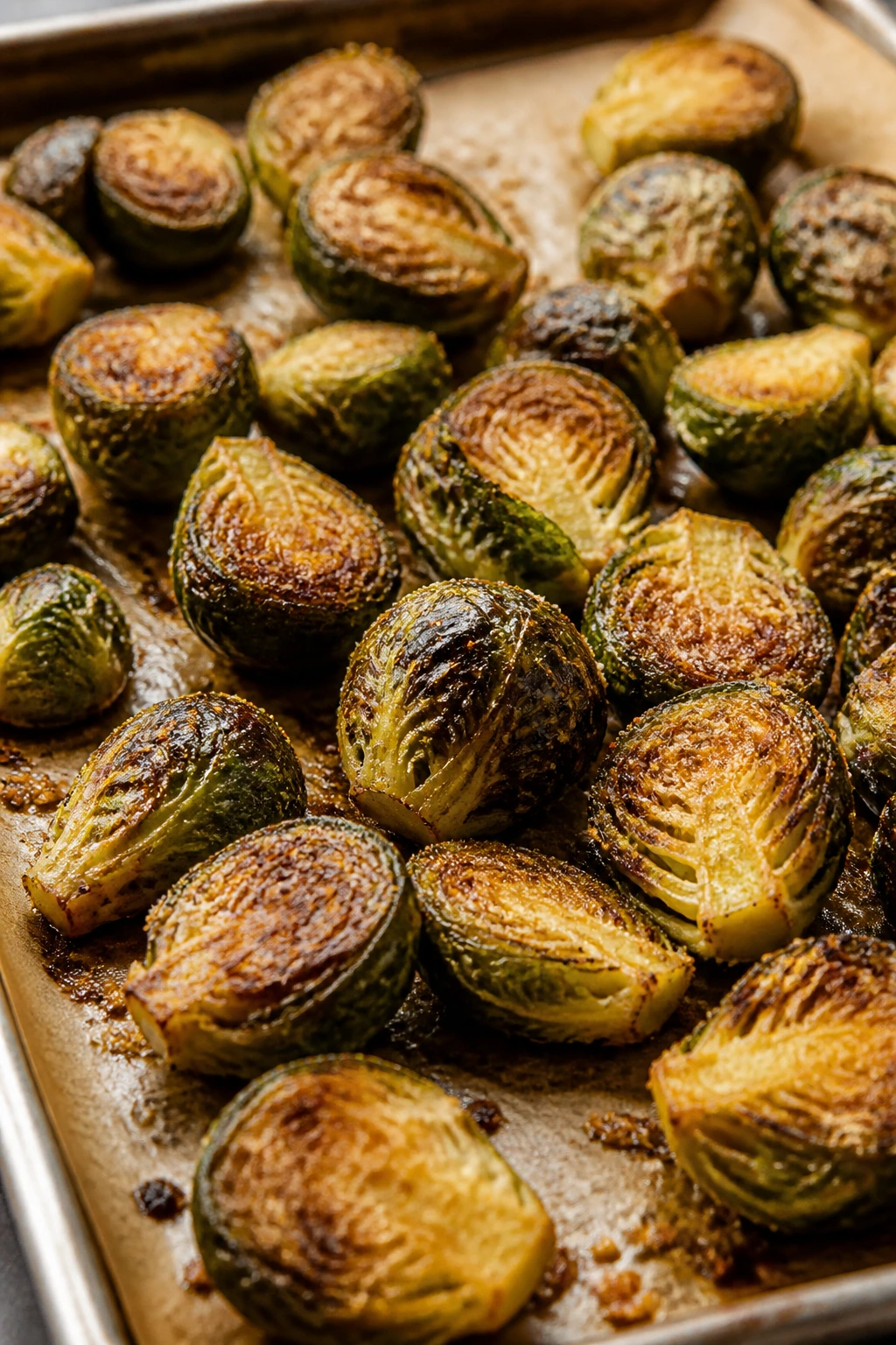 Close-up of crispy parmesan Brussels sprouts on sheet pan