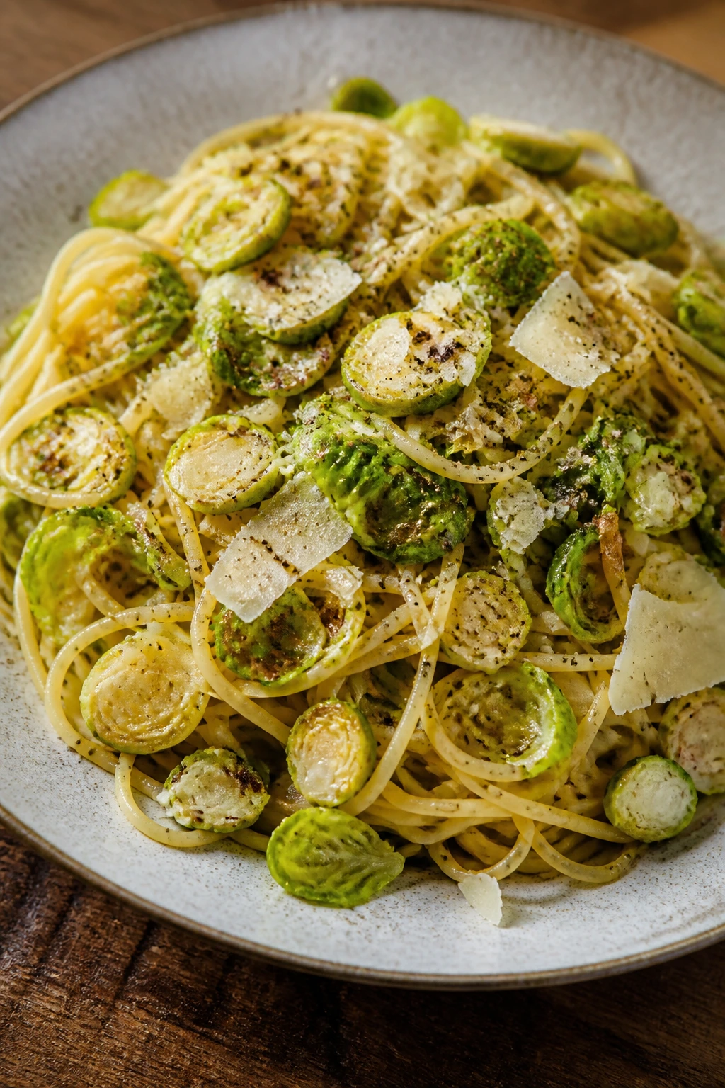Close-up of pasta with Brussels sprouts and Parmesan