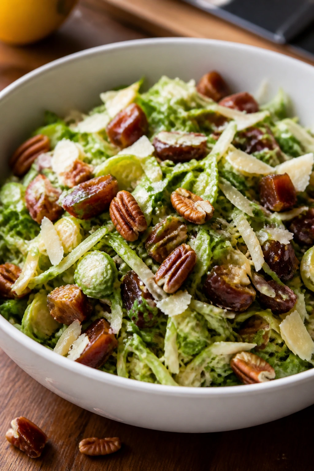 Bright shaved Brussels sprouts salad with dates and pecans in a bowl
