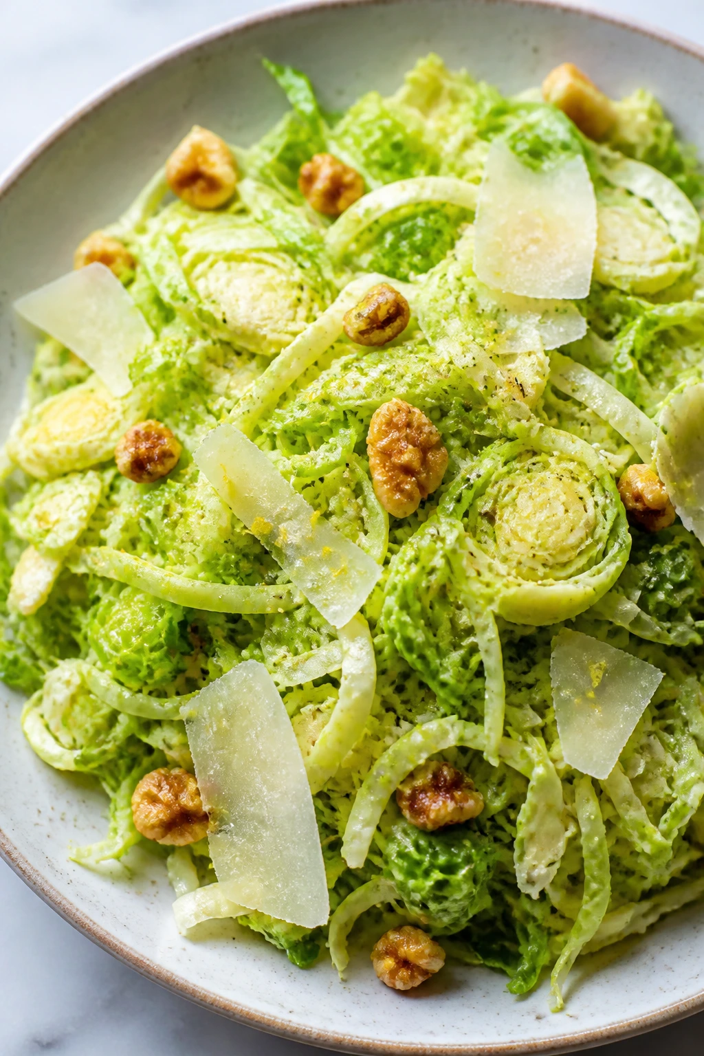 Shaved Brussels sprouts salad on plate with Pecorino and walnuts