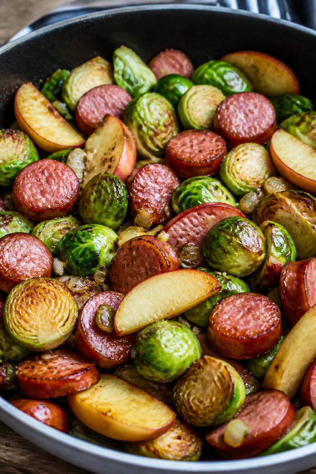 Close-up of Brussels Sprouts Skillet with Smoked Sausage and Apples