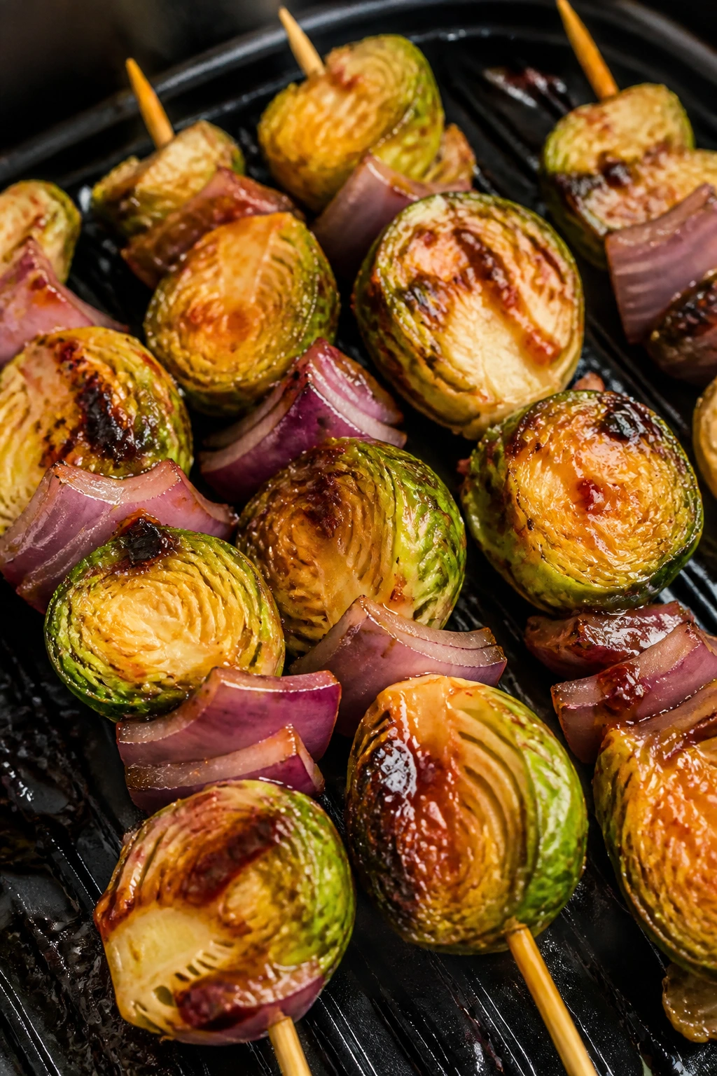 Close-up of Sriracha Honey Brussels Sprout Skewers with glaze and slight caramelization