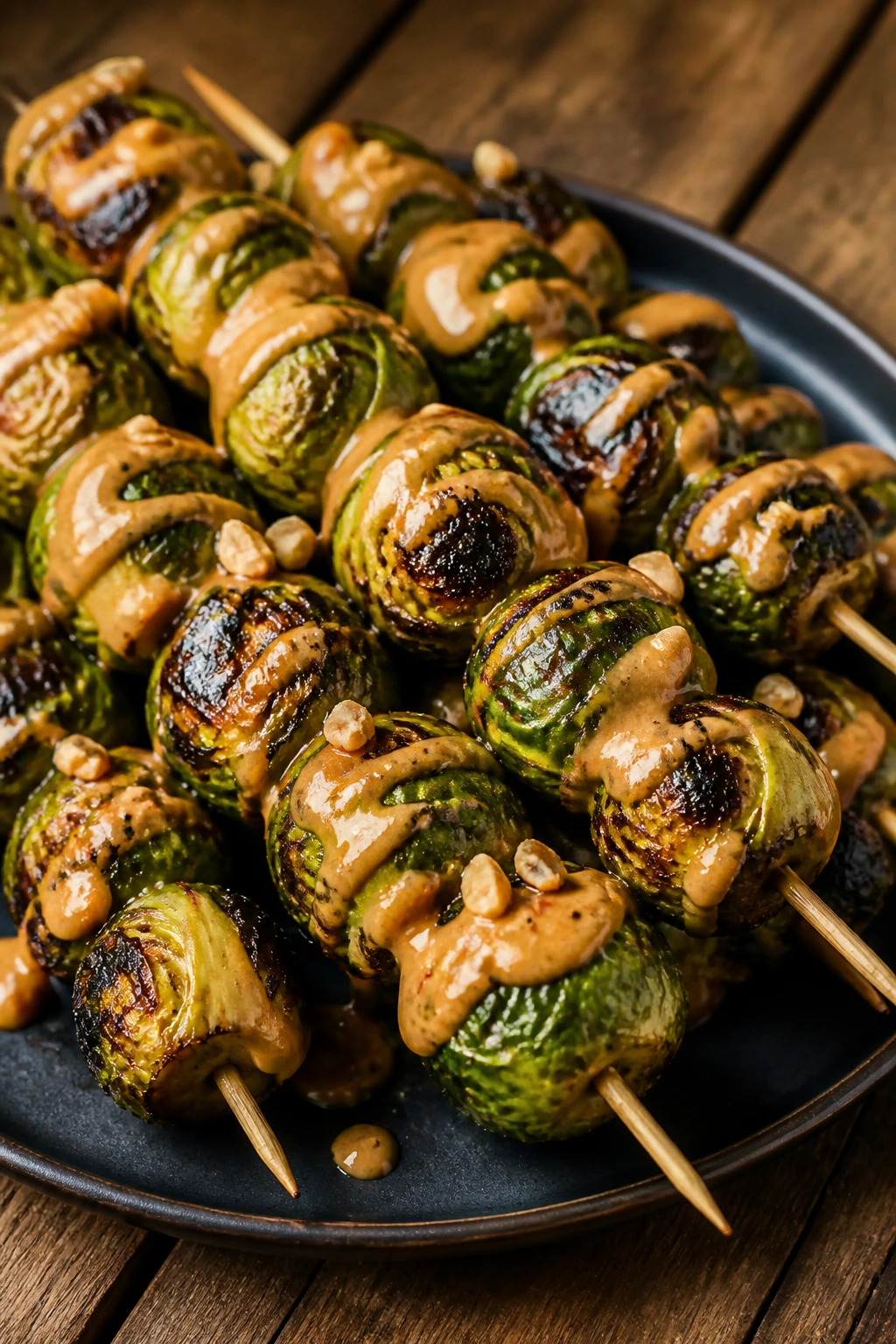 Brussels sprouts skewers with peanut sauce on plate
