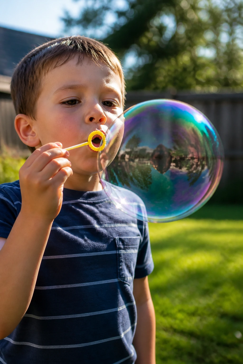Child blowing bubbles in a sunny backyard
