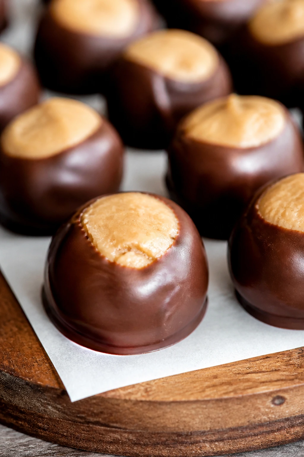 Glossy chocolate-dipped peanut butter buckeye bites on parchment
