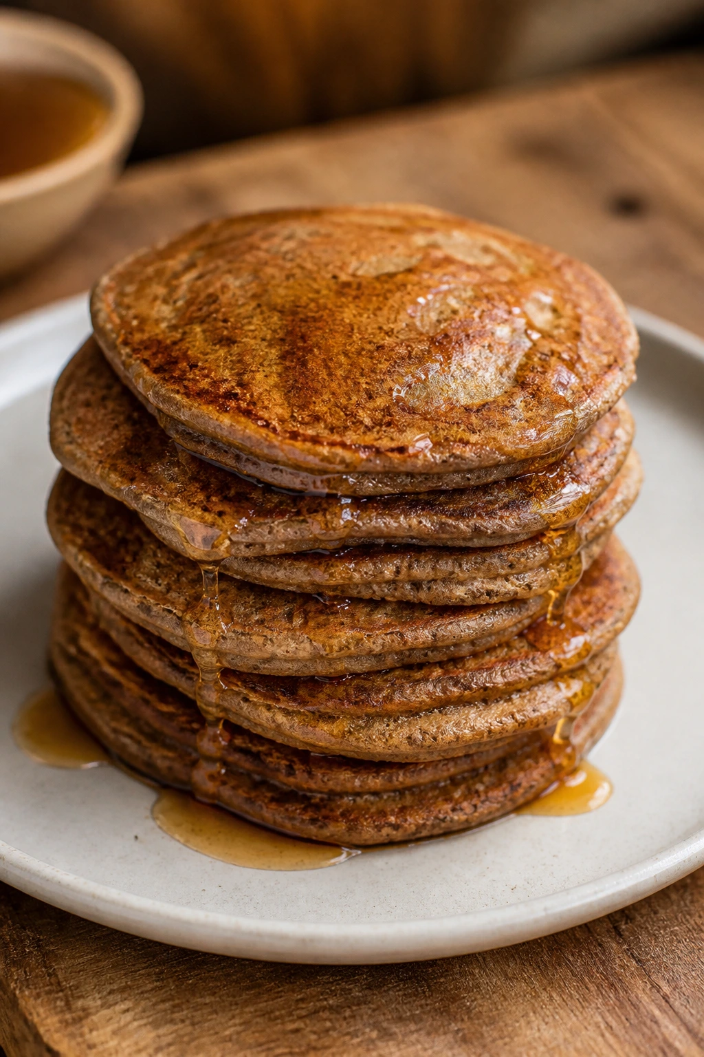 Close-up of buckwheat honey pancakes with honey drizzle on top.