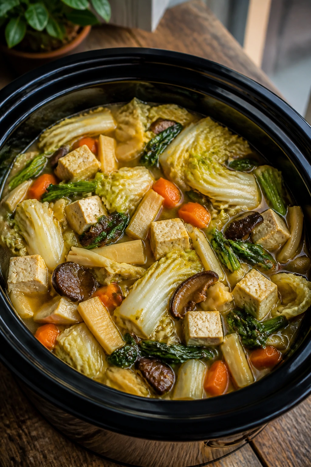 Colorful Buddha's Delight vegetable stew in bowl