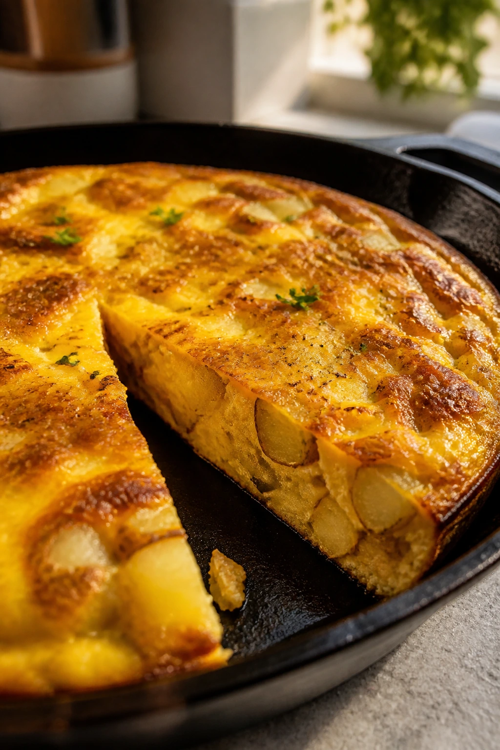 Close-up of a frittata wedge with potatoes and cheese in a skillet.