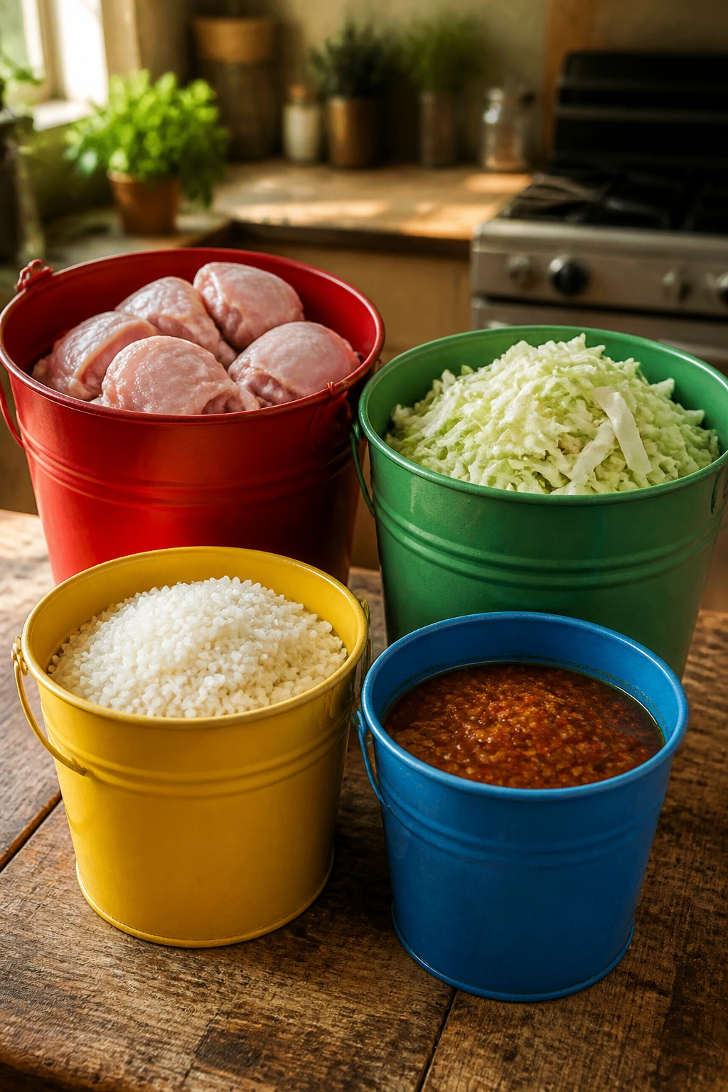 Close-up of four color-coded buckets on a wooden kitchen counter representing budget buckets for protein, starch, vegetables, and flavor