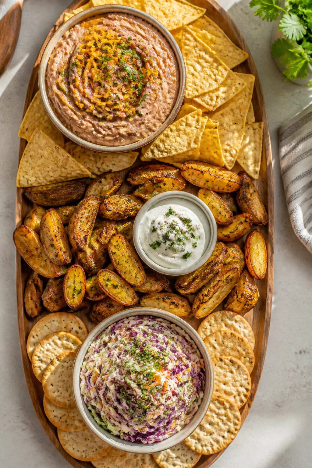 top-down board with three budget builds: dip wedges and slaw