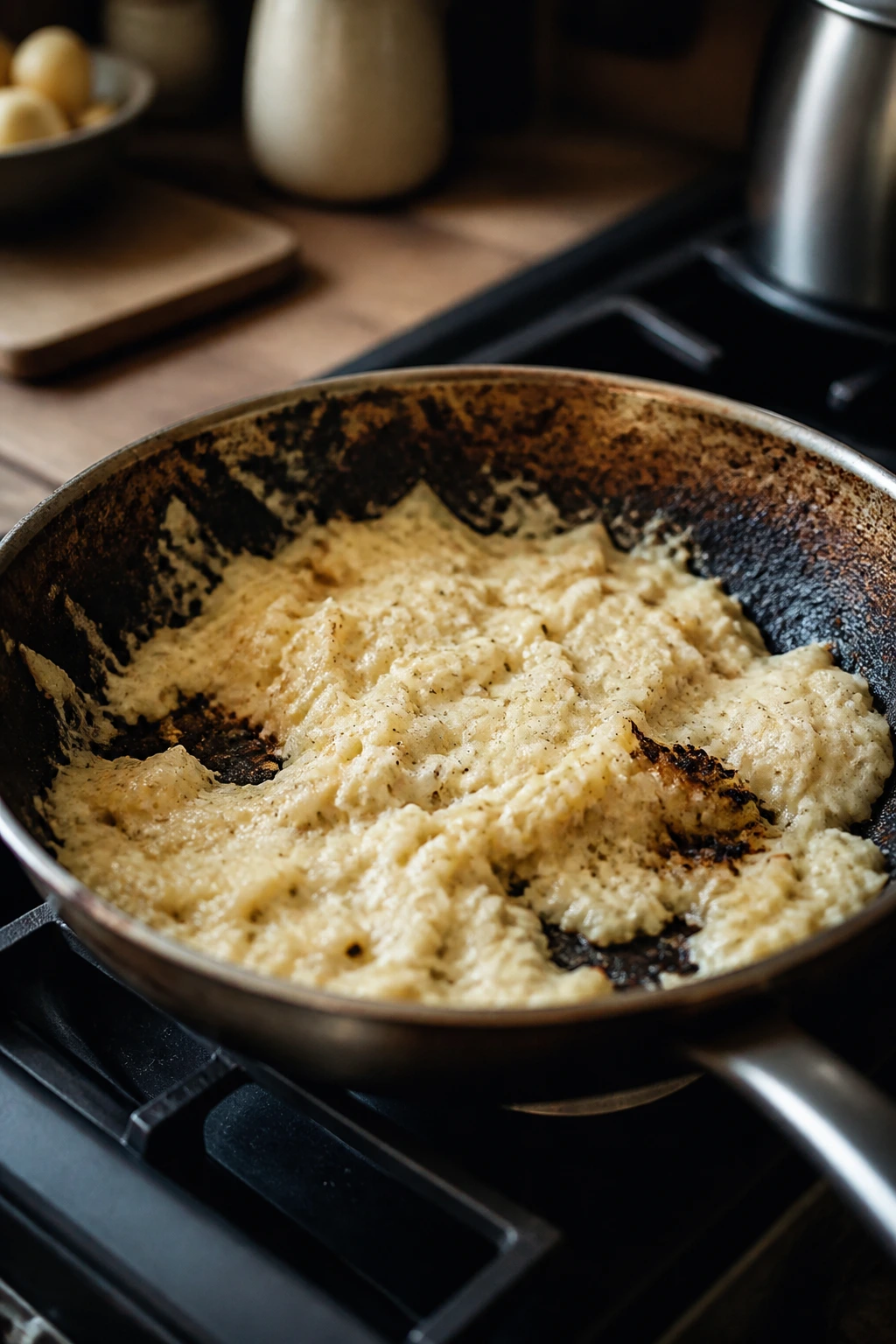 Pan with burnt edges on a pale, under-seasoned dish indicating a budget misstep.