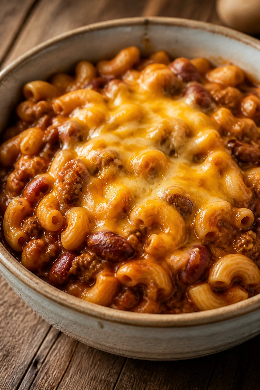 Close-up of budget chili mac in a bowl