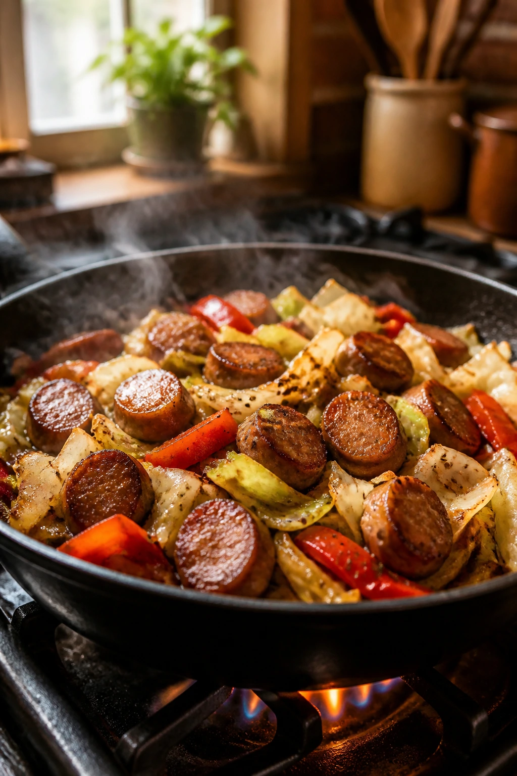 Sizzling sausage skillet with cabbage on a stove in a cozy kitchen