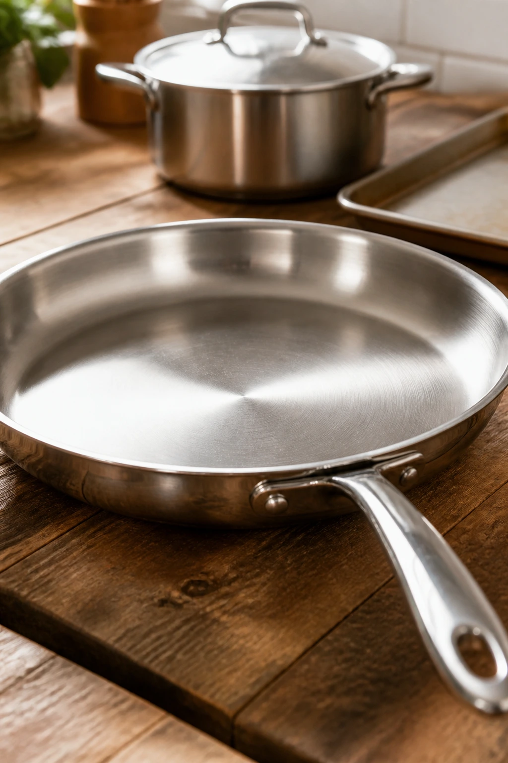 Close-up of a 12-inch skillet dominating the frame, illustrating essential budget kitchen gear.