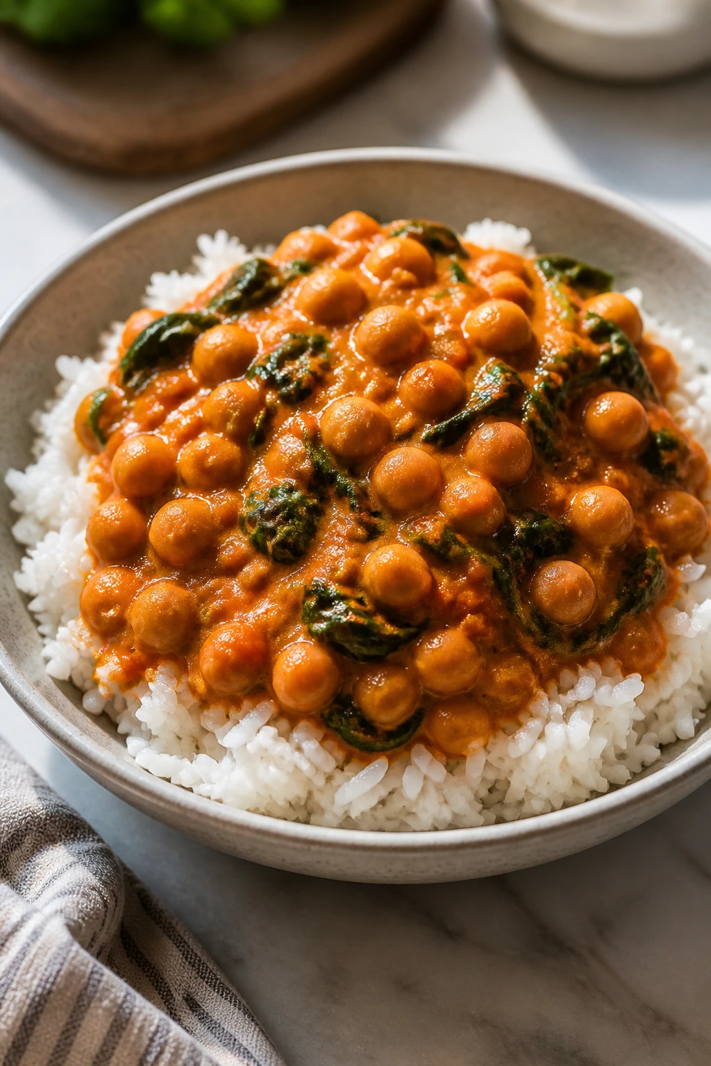 Close-up of chickpea curry over rice in a cozy kitchen.