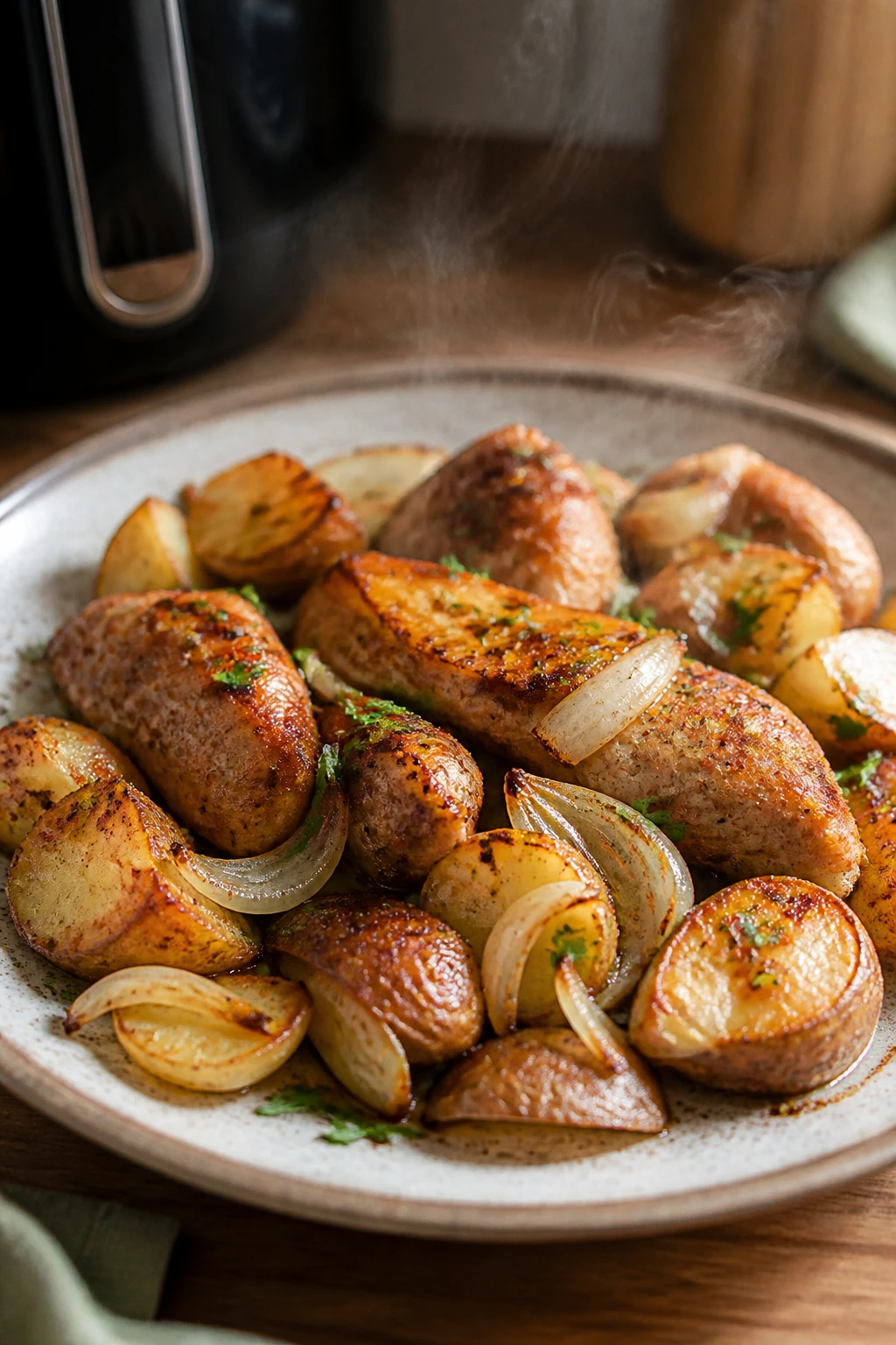 Close-up of a budget-friendly air fryer dinner plate in a warm kitchen