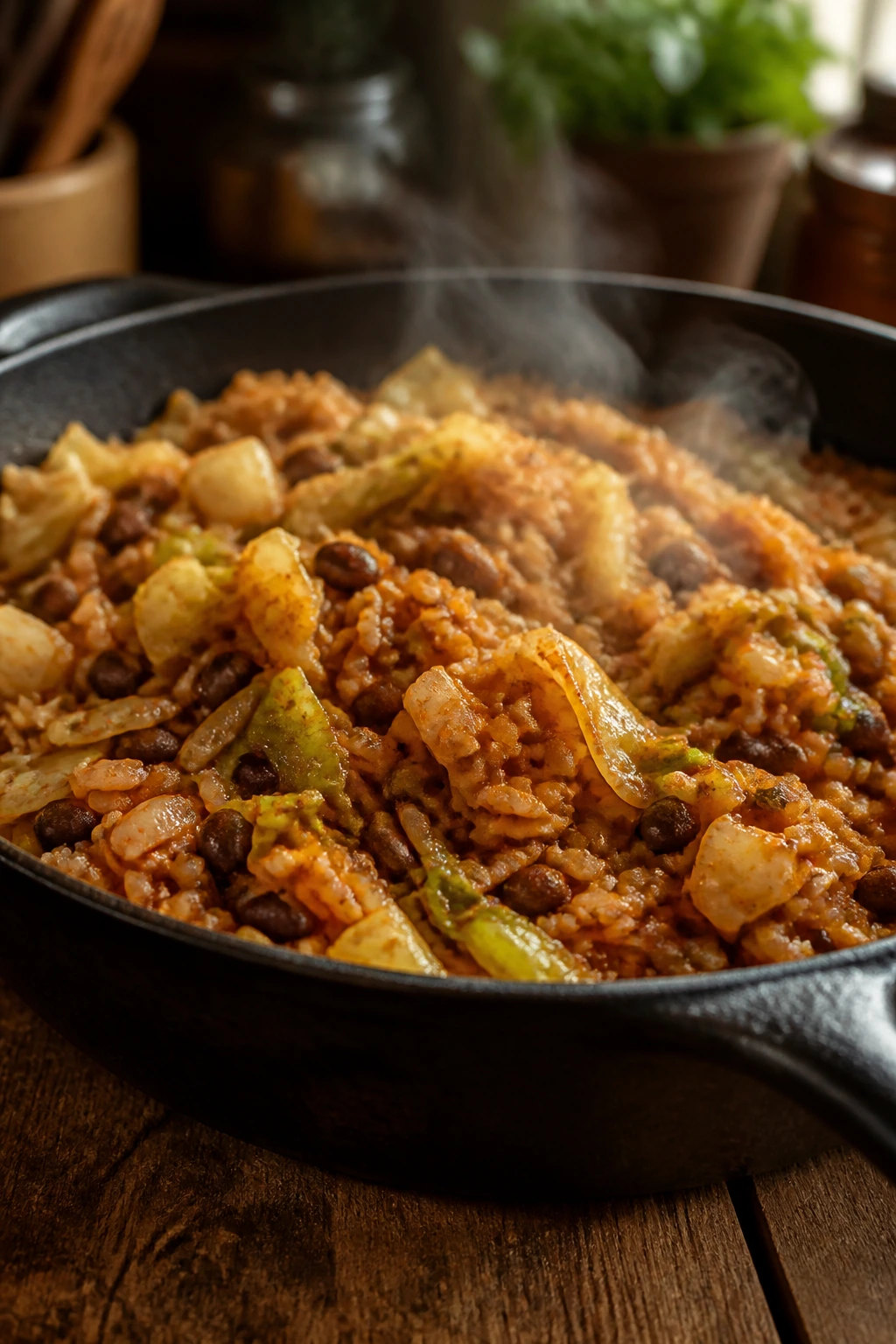 Close-up of a budget-friendly dinner dish with rice, beans, and cabbage on a skillet