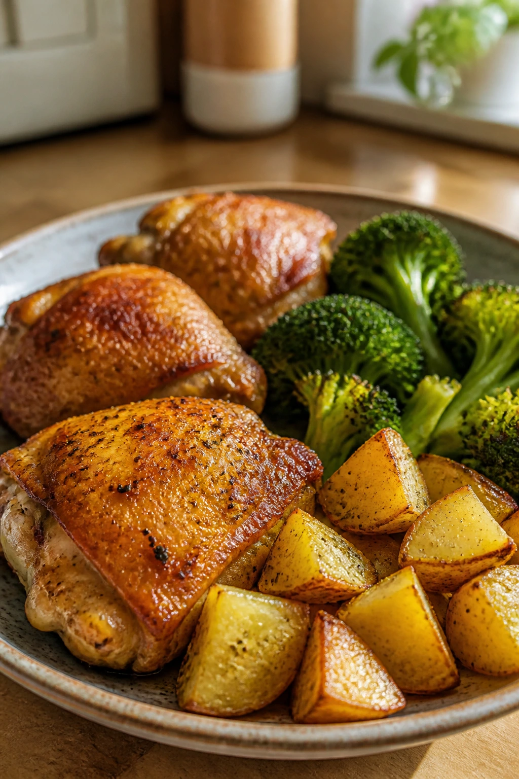 Close-up of budget-friendly chicken thighs, potatoes, and broccoli plated on a rustic dish