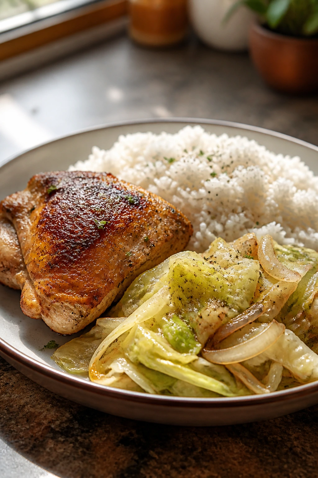 Close-up plate of budget-friendly chicken, rice, and cabbage on a warm kitchen counter
