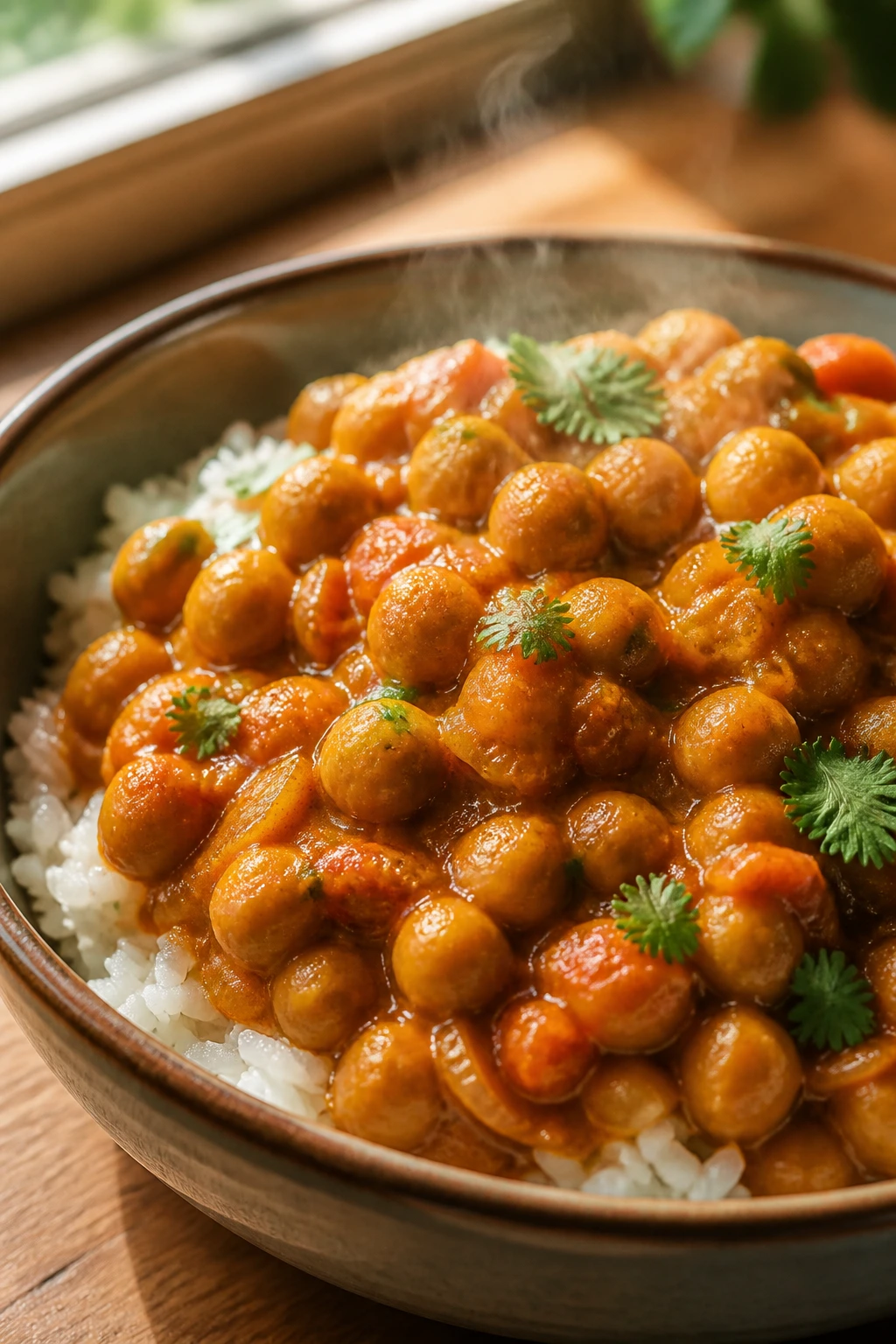 Close-up of chickpea curry over rice in a bowl on a wooden table, warm kitchen light