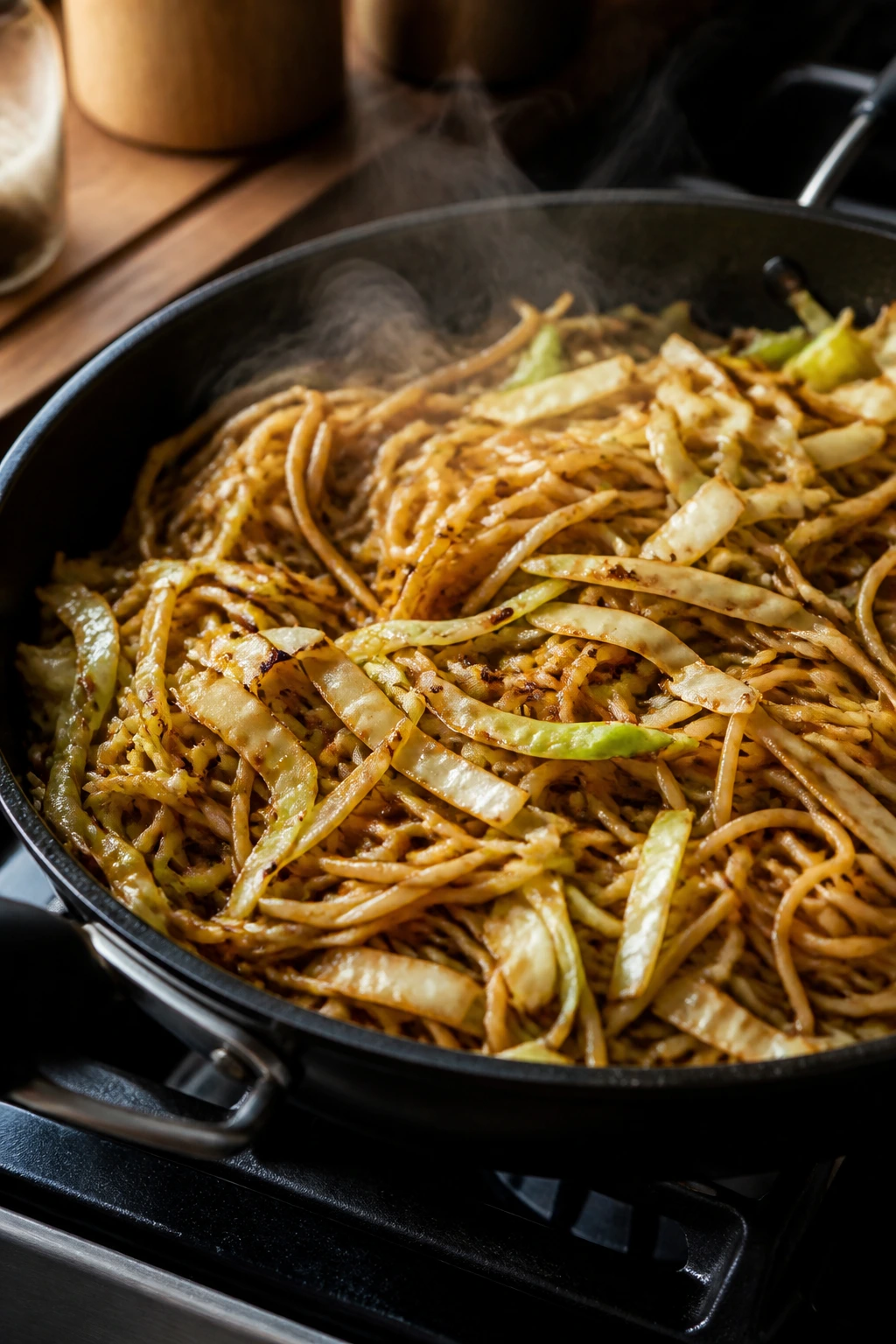 Close-up of cabbage noodle skillet with garlic and soy on a warm kitchen.