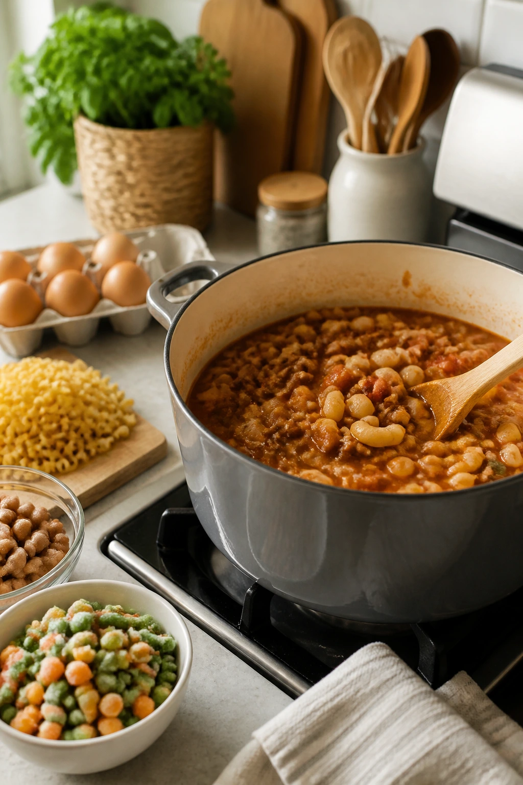 Close-up of budget-friendly dinner ingredients in a home kitchen to represent affordable meals