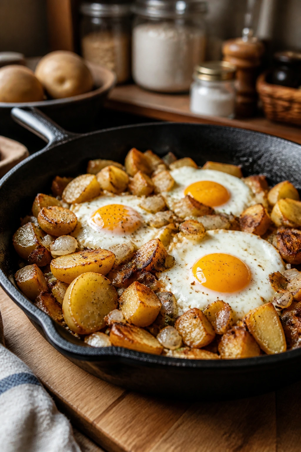 Rustic skillet hash of potatoes, onions, and eggs representing budget-friendly dinner.