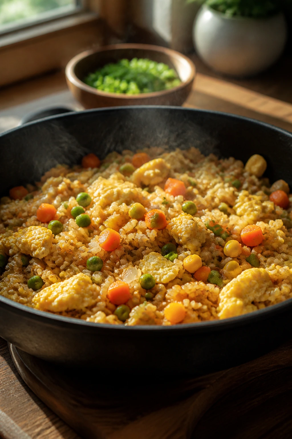 Close-up of a budget-friendly skillet dinner with simple ingredients ready to eat
