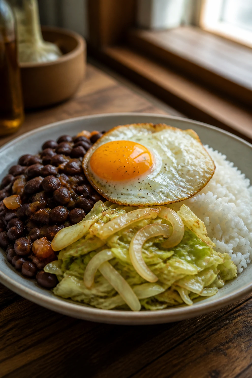 Close-up of budget-friendly weeknight dinner plate with rice, beans, cabbage, and egg in a cozy kitchen
