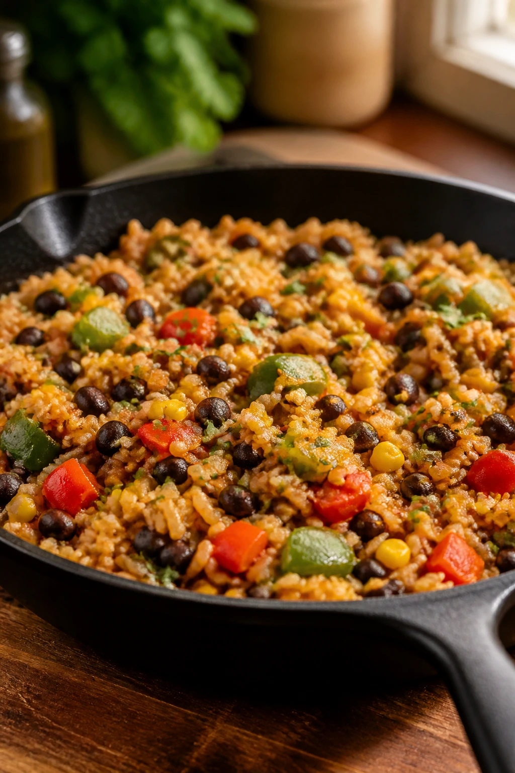 Close up of a budget-friendly skillet dinner featuring pantry staples in a warm kitchen