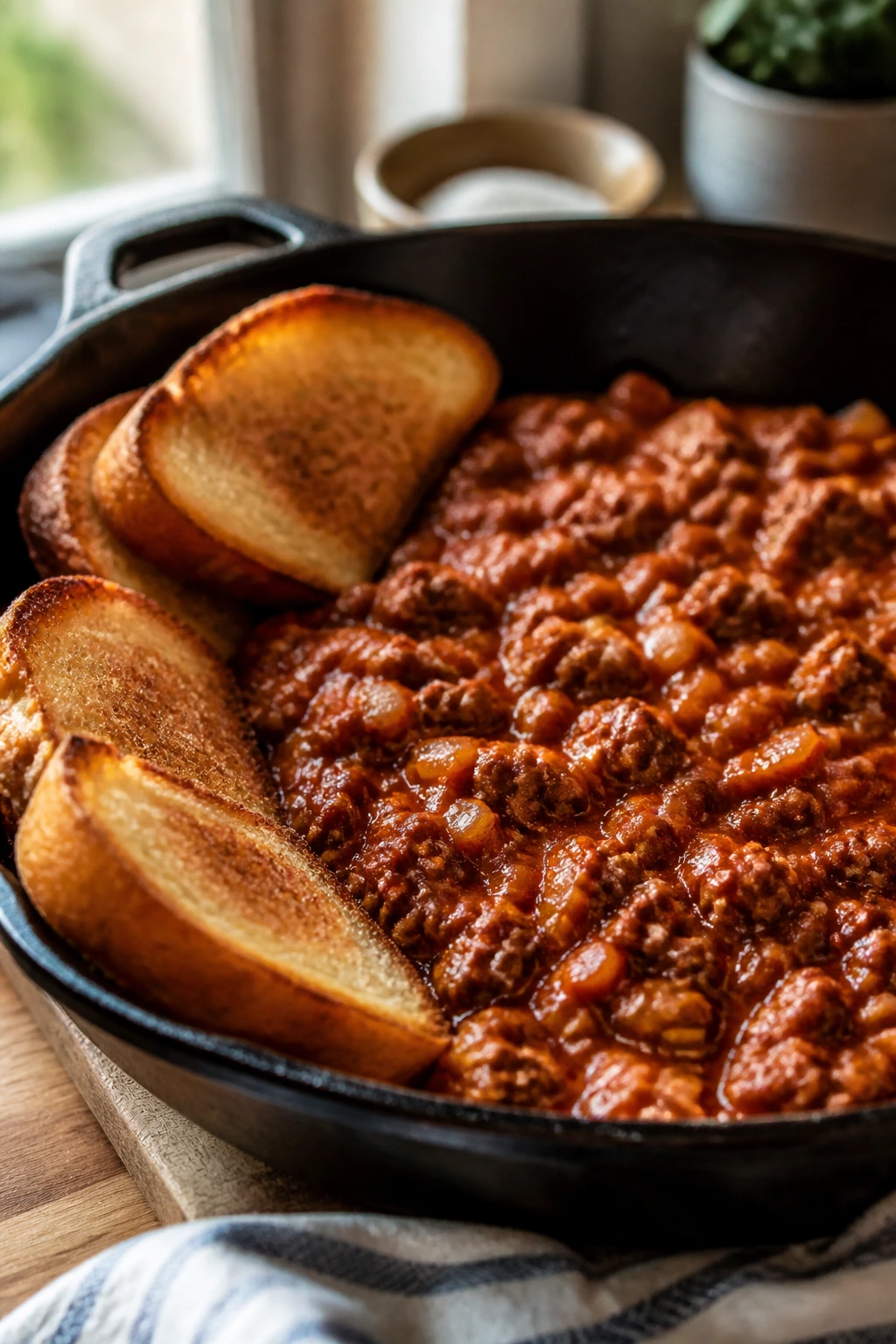 Close-up of sloppy joe skillet with toast on the edge.