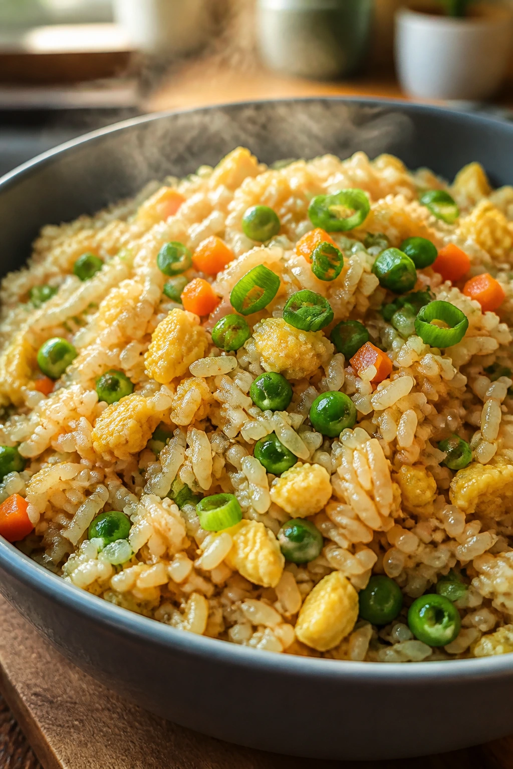 Close-up of egg fried rice with vegetables in a bowl