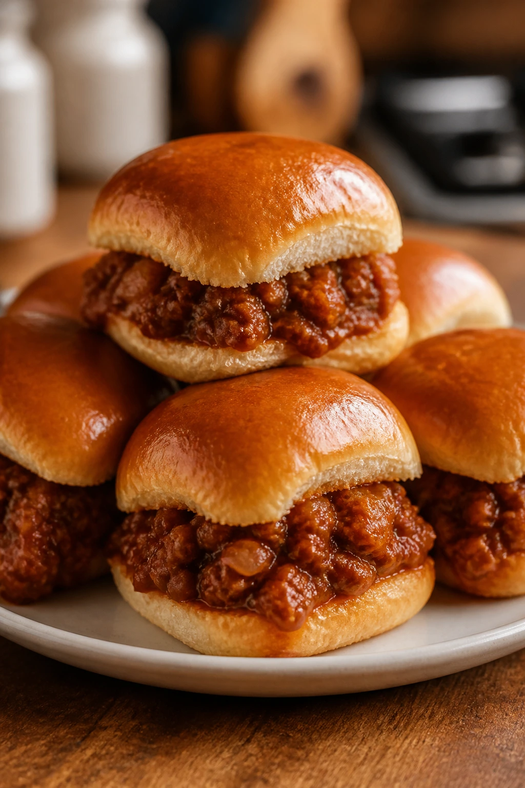 Stack of sloppy joe sliders on a plate
