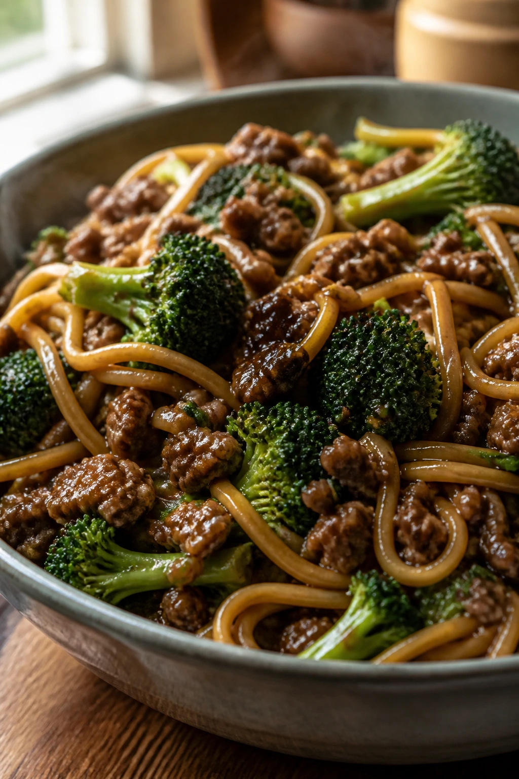 Close-up of beef and broccoli noodles in a glossy sauce in a bowl