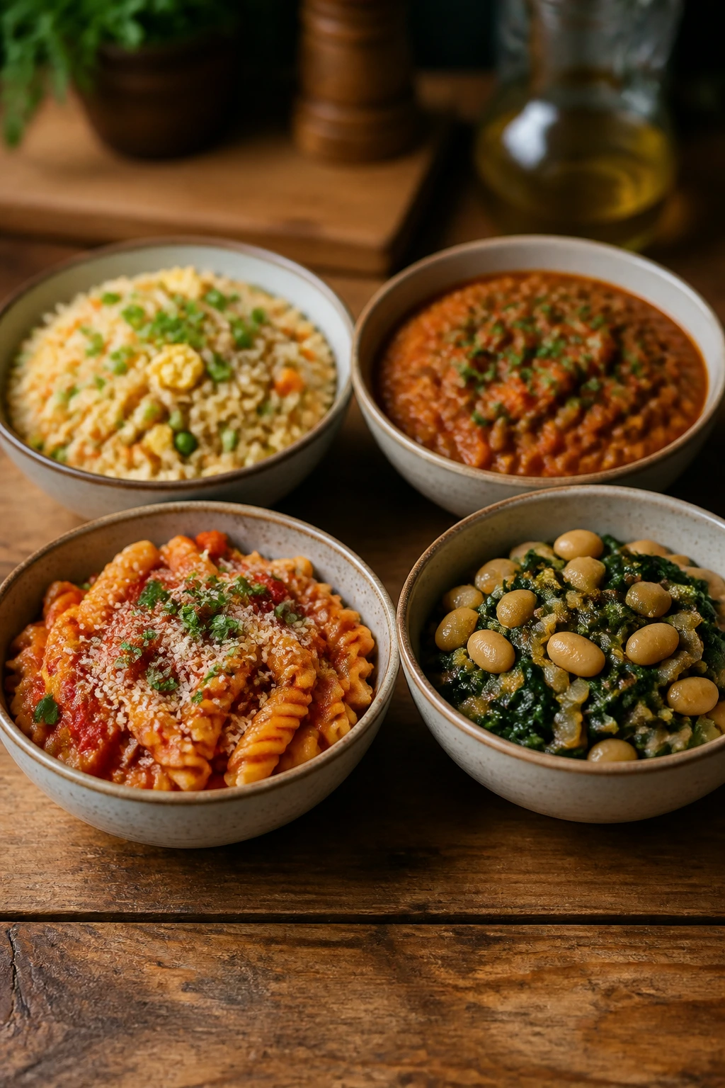 Four budget-friendly dinners represented by four bowls on a wooden table