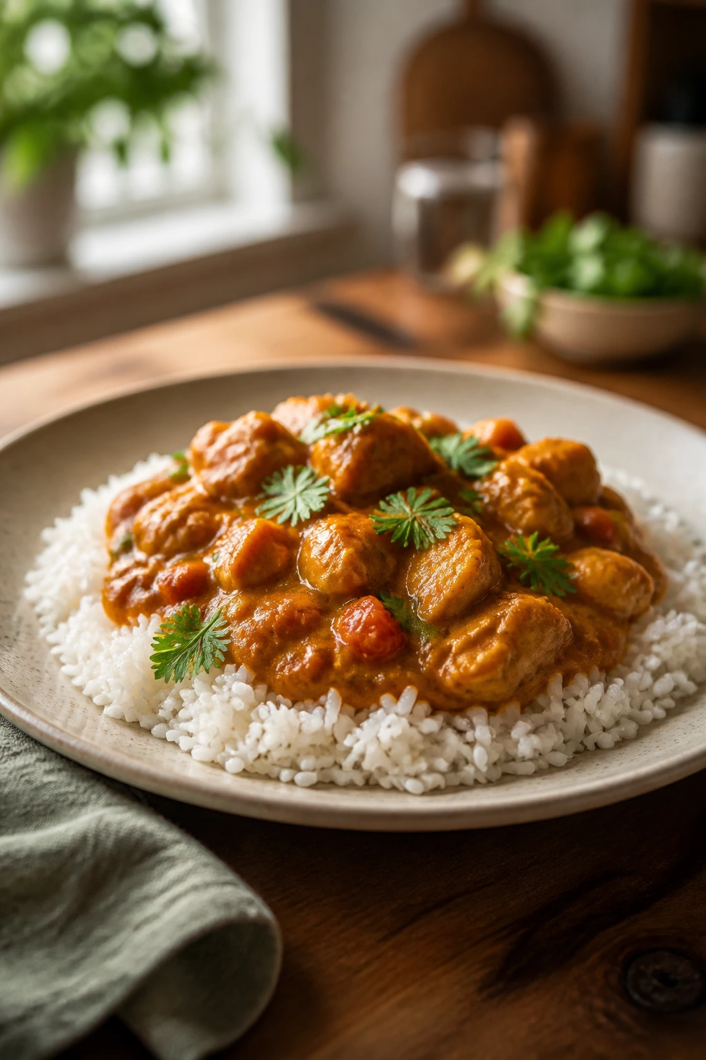 Close-up plated curry over rice with parsley on a warm kitchen table