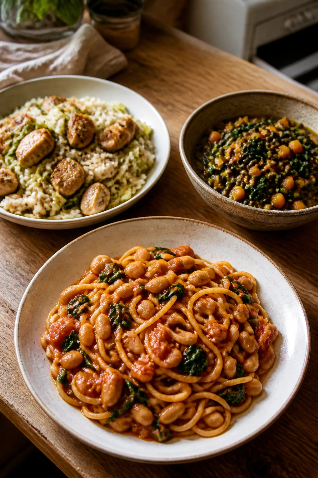 Three budget dinners plated on rustic table showcasing under-$10 meals