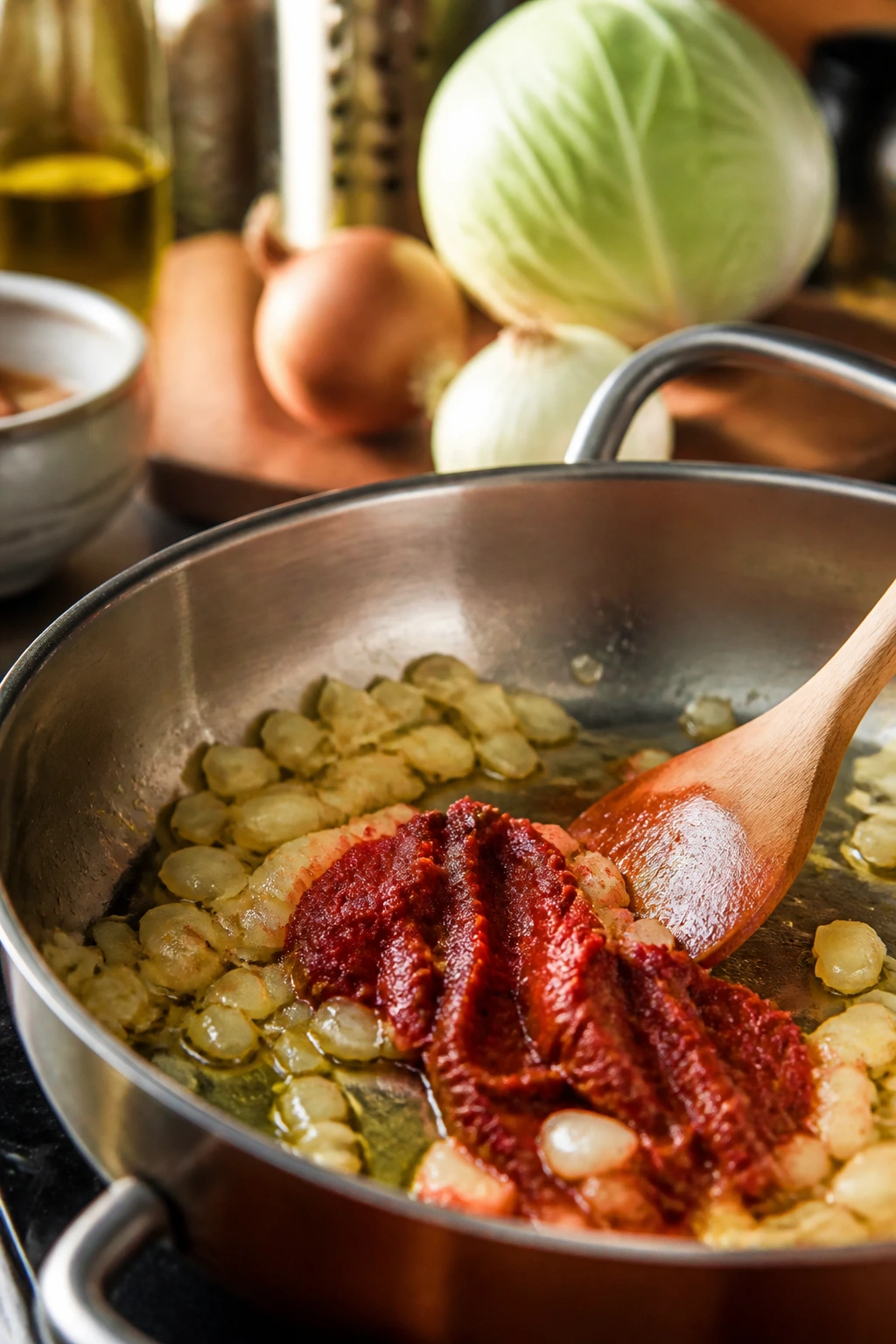 Pan browning tomato paste with onions and background cabbage for budget tips