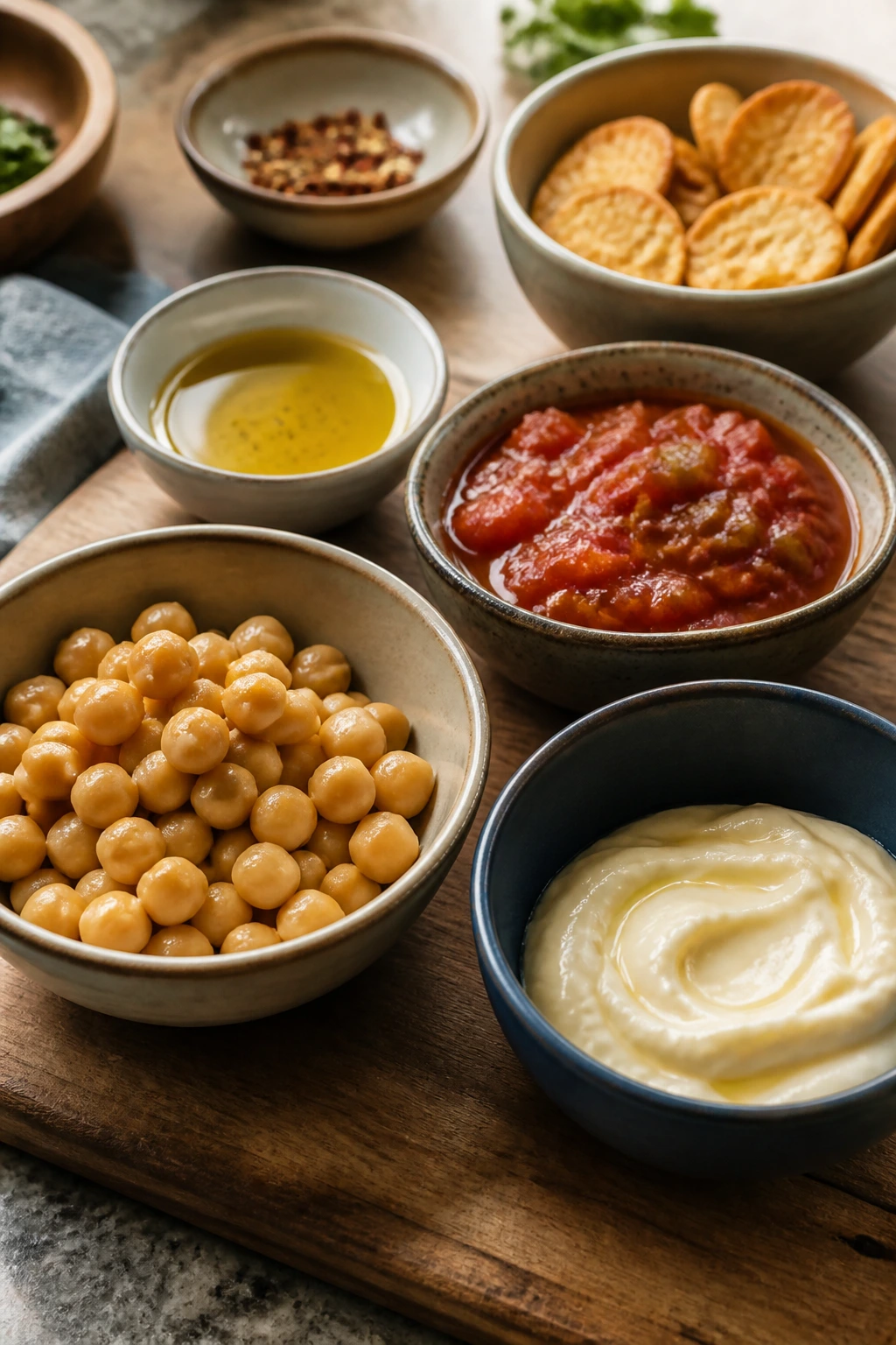 Close-up of a dip spread with beans, mayo, and crackers on a wooden board