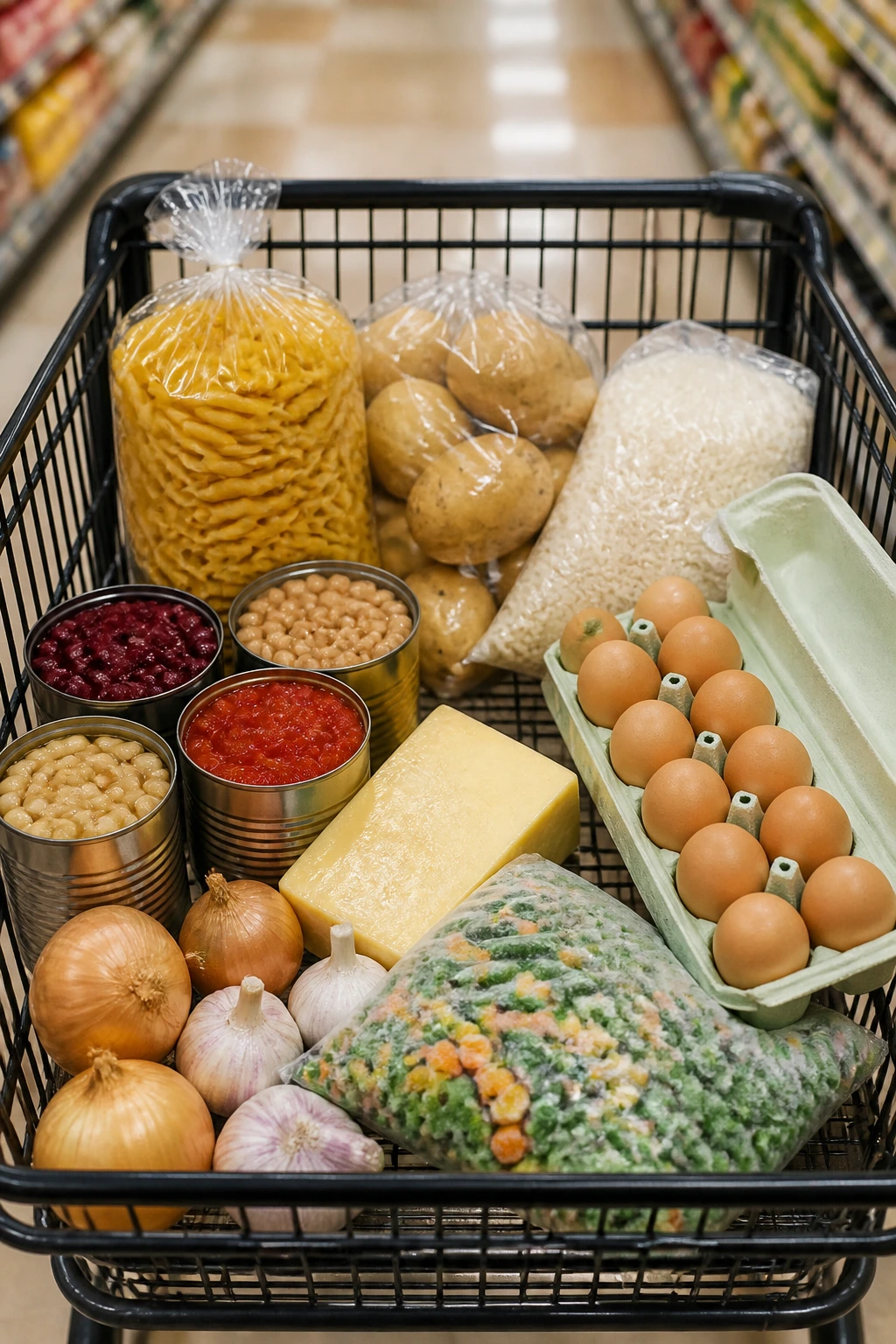 Close-up of a grocery cart filled with budget staples in a supermarket.