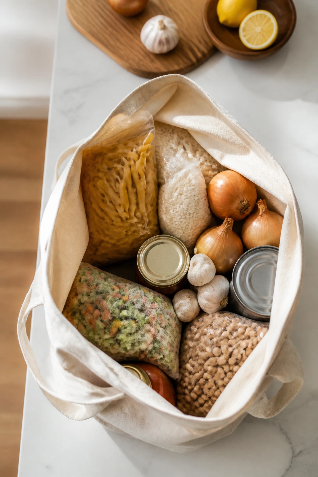 Canvas tote with budget-friendly dinner staples on a kitchen island
