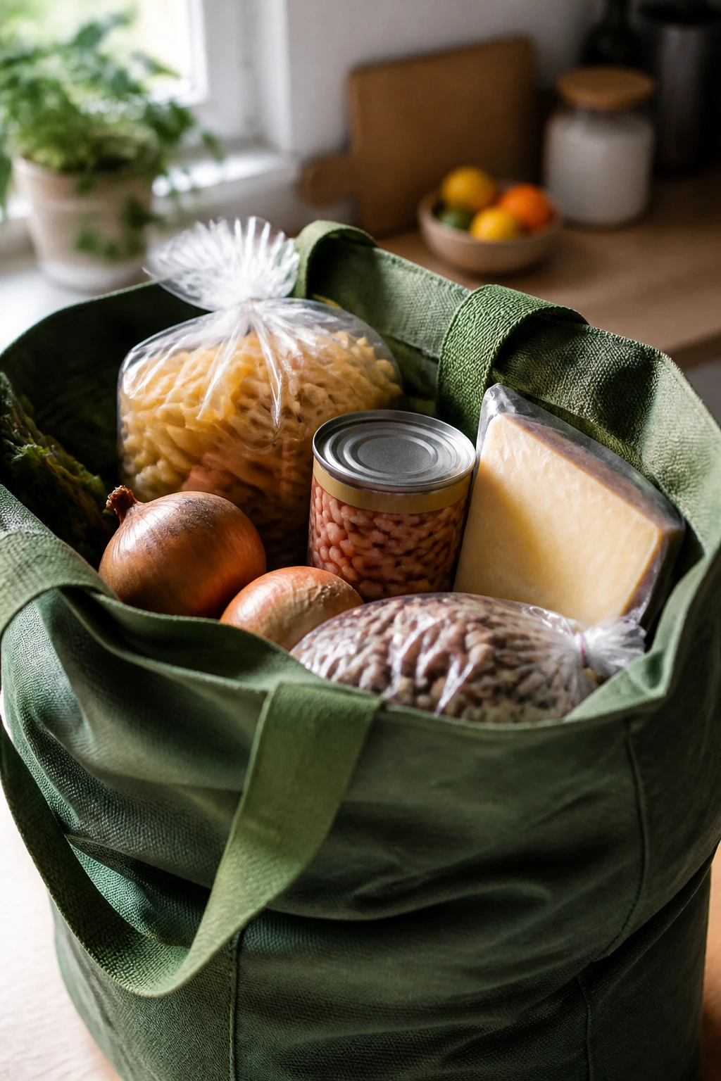 Reusable bag filled with budget staples like onion, pasta, beans, and cheese on a kitchen counter.