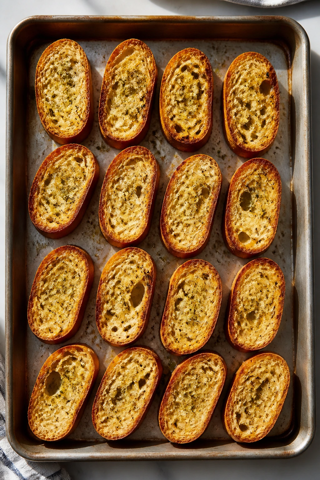 Large sheet pan with toasted bread slices on a bright kitchen counter