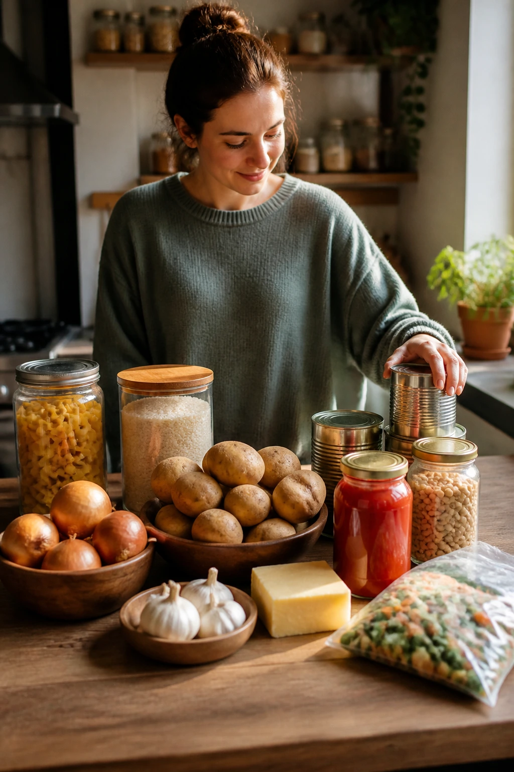 Real-person kitchen scene showing smart budget shopping with staples on the counter.