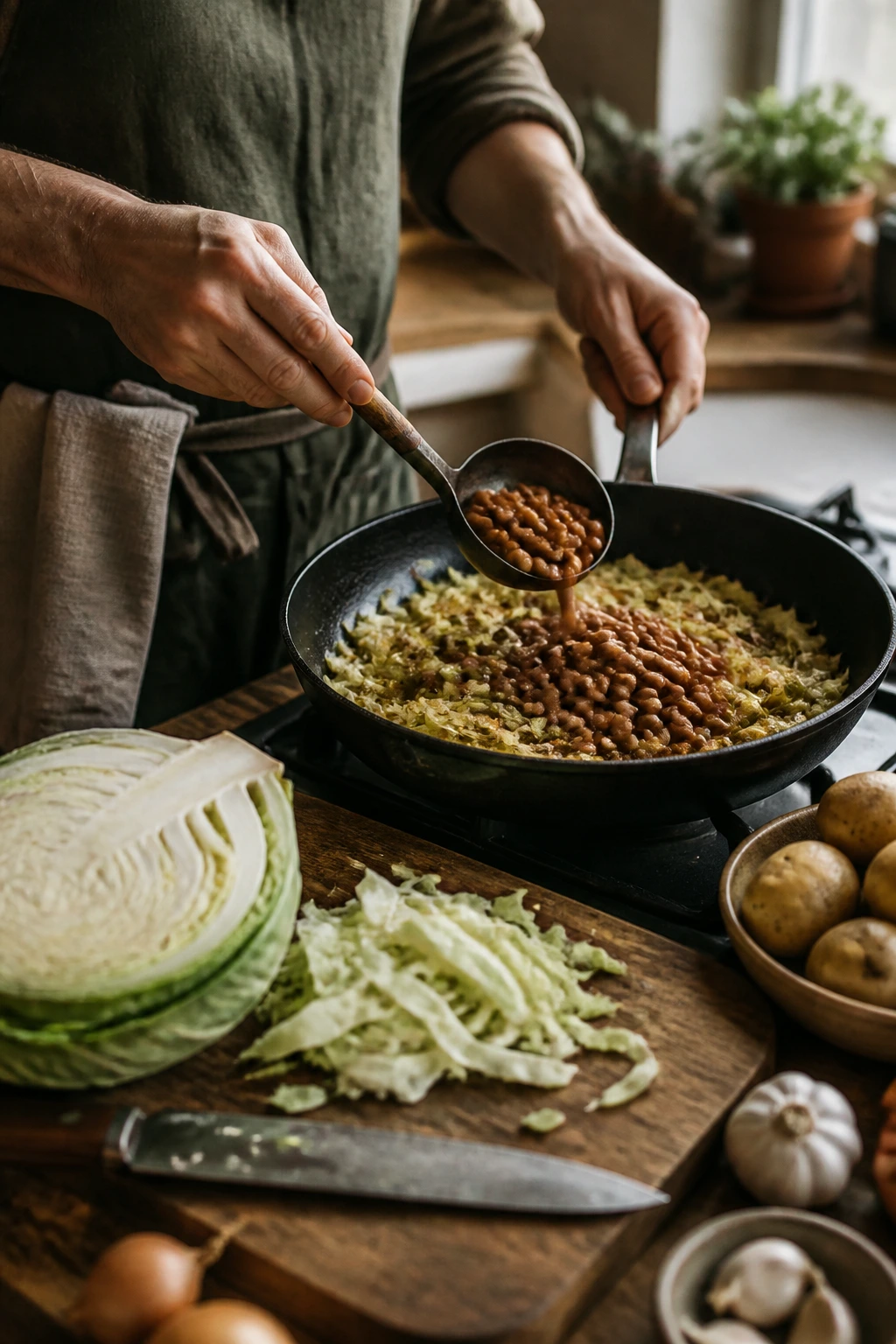 Close-up of a cook preparing budget-friendly beans and cabbage in a cozy kitchen