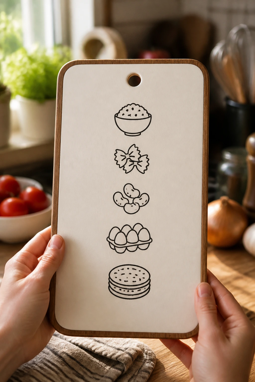 Close-up of a stylized grocery list with food-icons on a kitchen counter