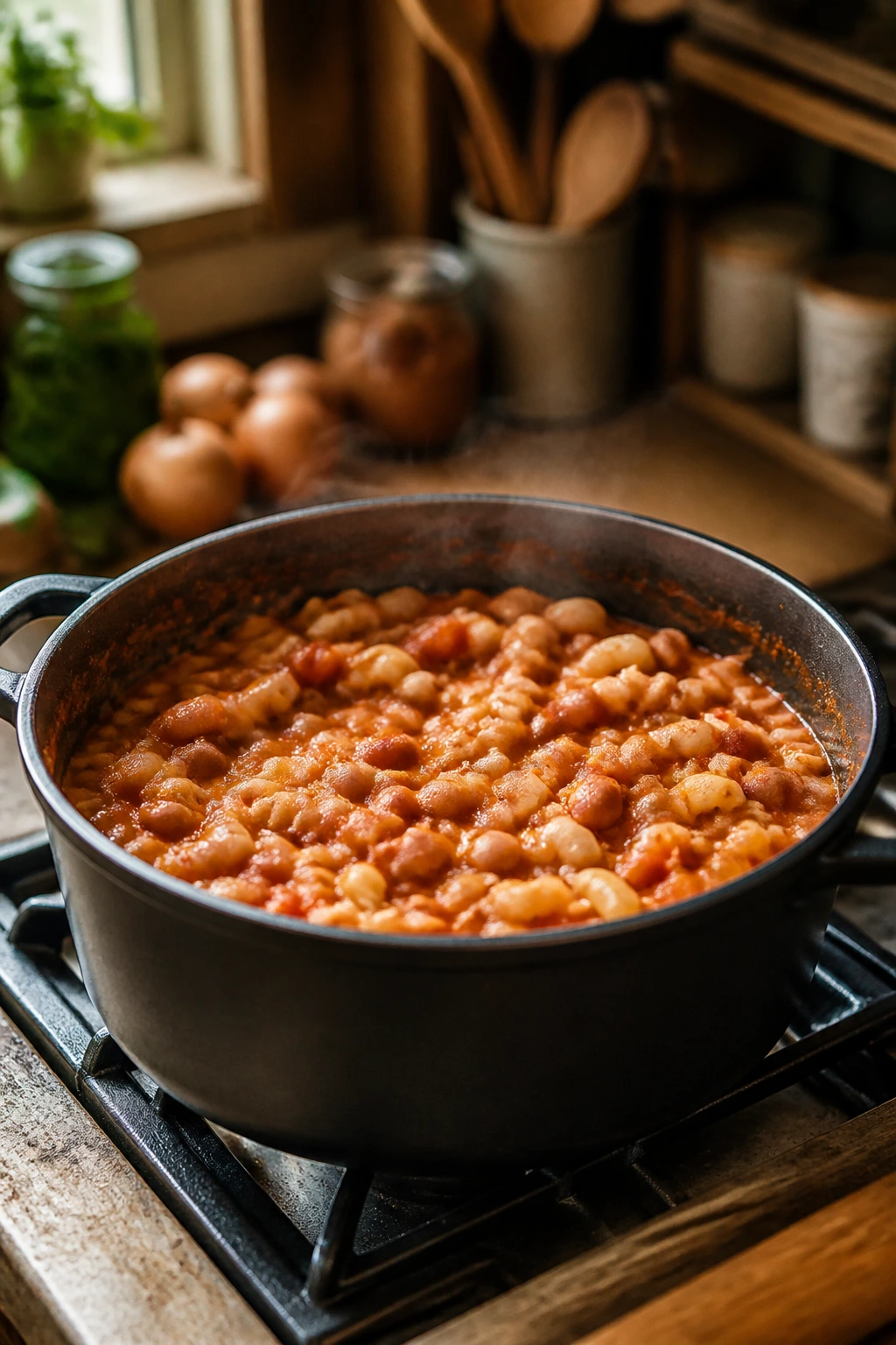 Close-up of a simmering pot with pasta and beans in a rustic kitchen