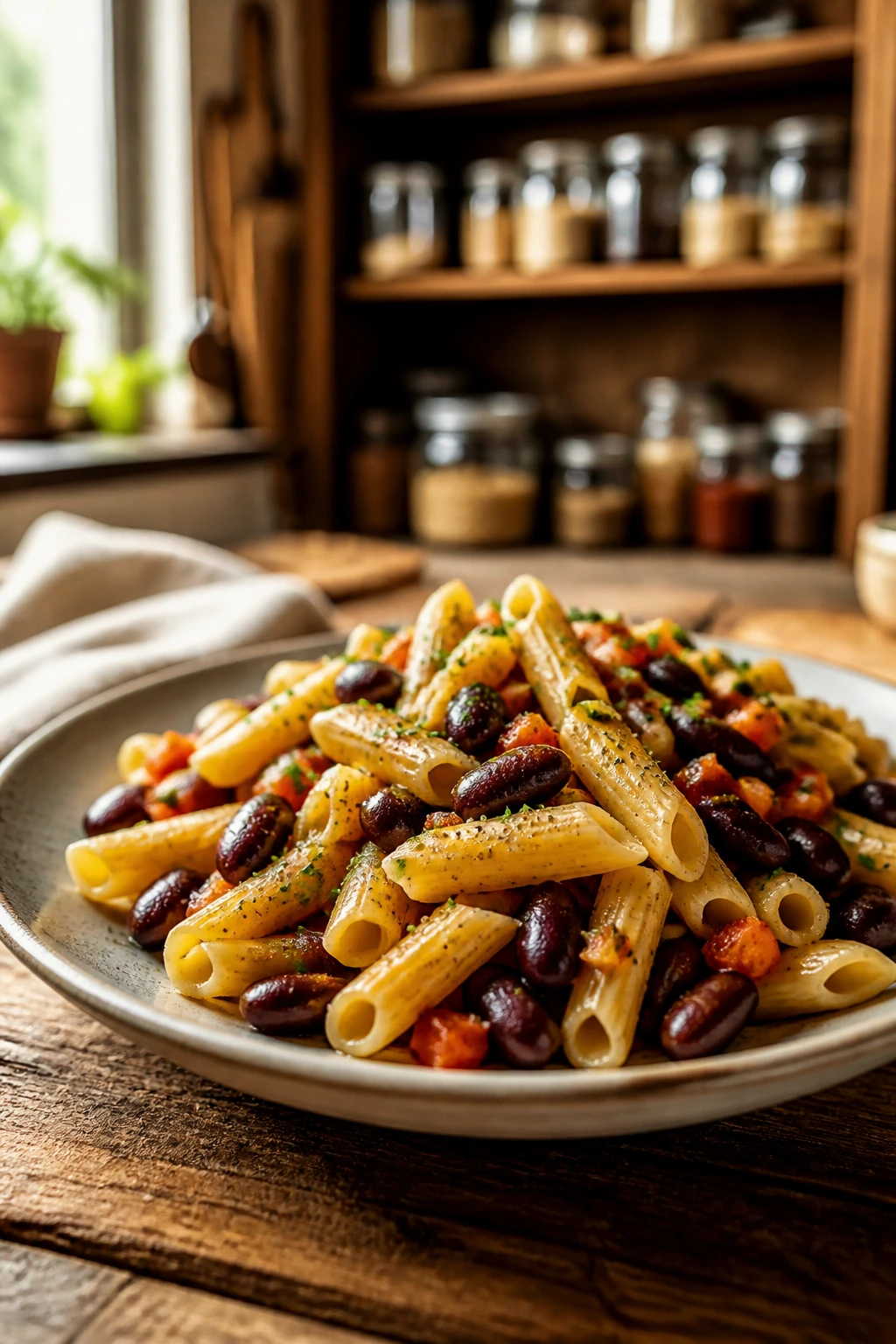 Plate of budget-friendly dinner on rustic table highlighting pantry staples for rotation