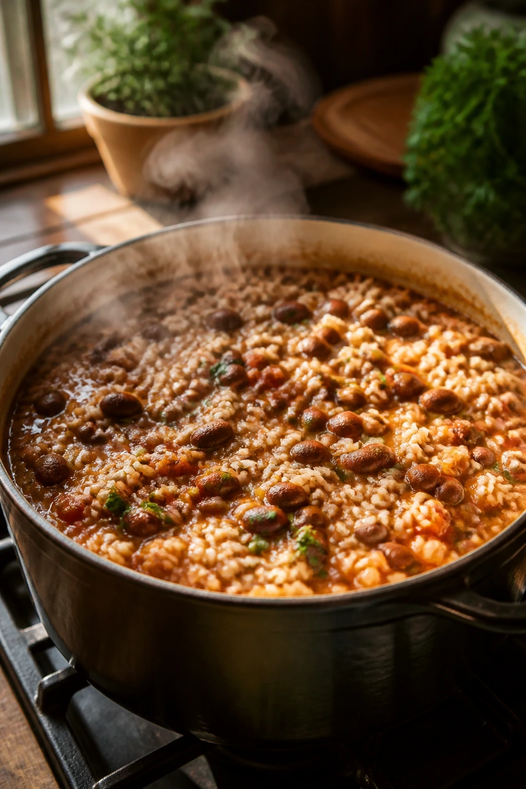 Pot simmering beans and rice on a stove illustrating budget-friendly quick meals