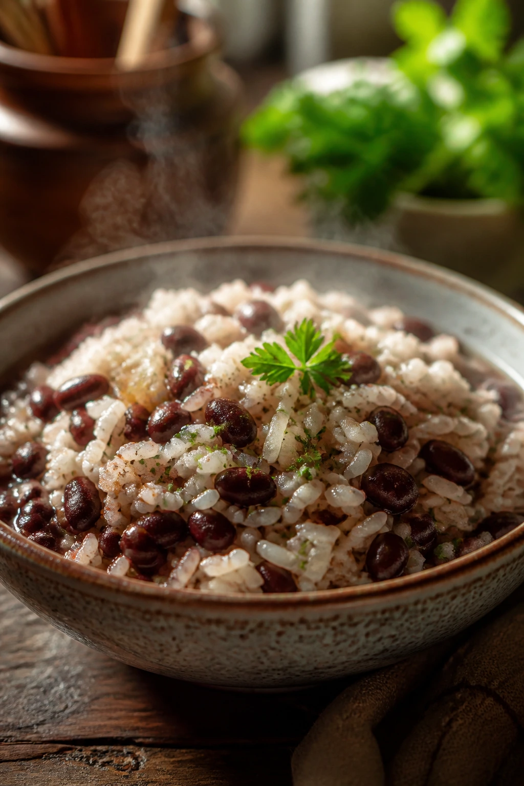 Close-up of a steaming bowl of rice and beans on a wooden table